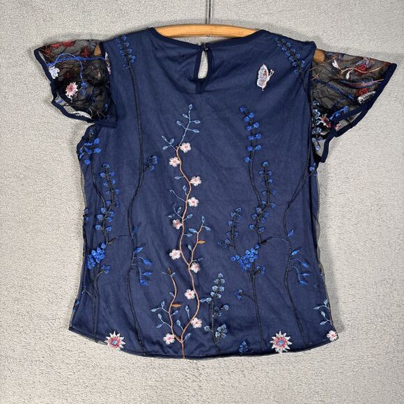 NWT CBR Top Womens Size‎ M Navy Blue Layered Mesh Embroidered Ditsy Forest Fairy - Picture 10 of 14